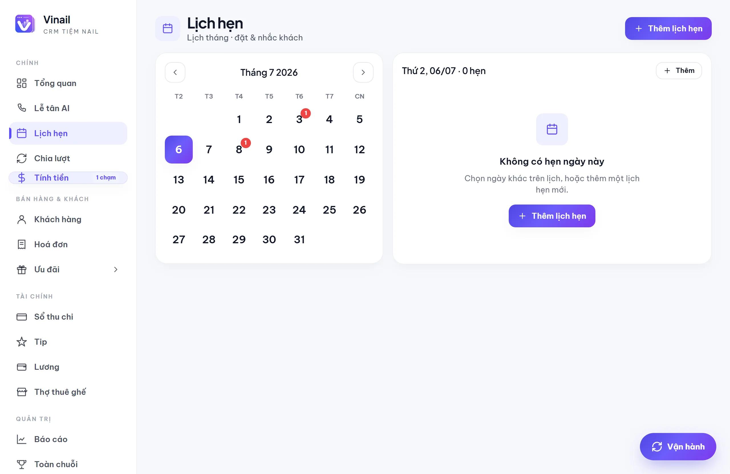 Màn hình lịch hẹn của tiệm với các hẹn sắp tới