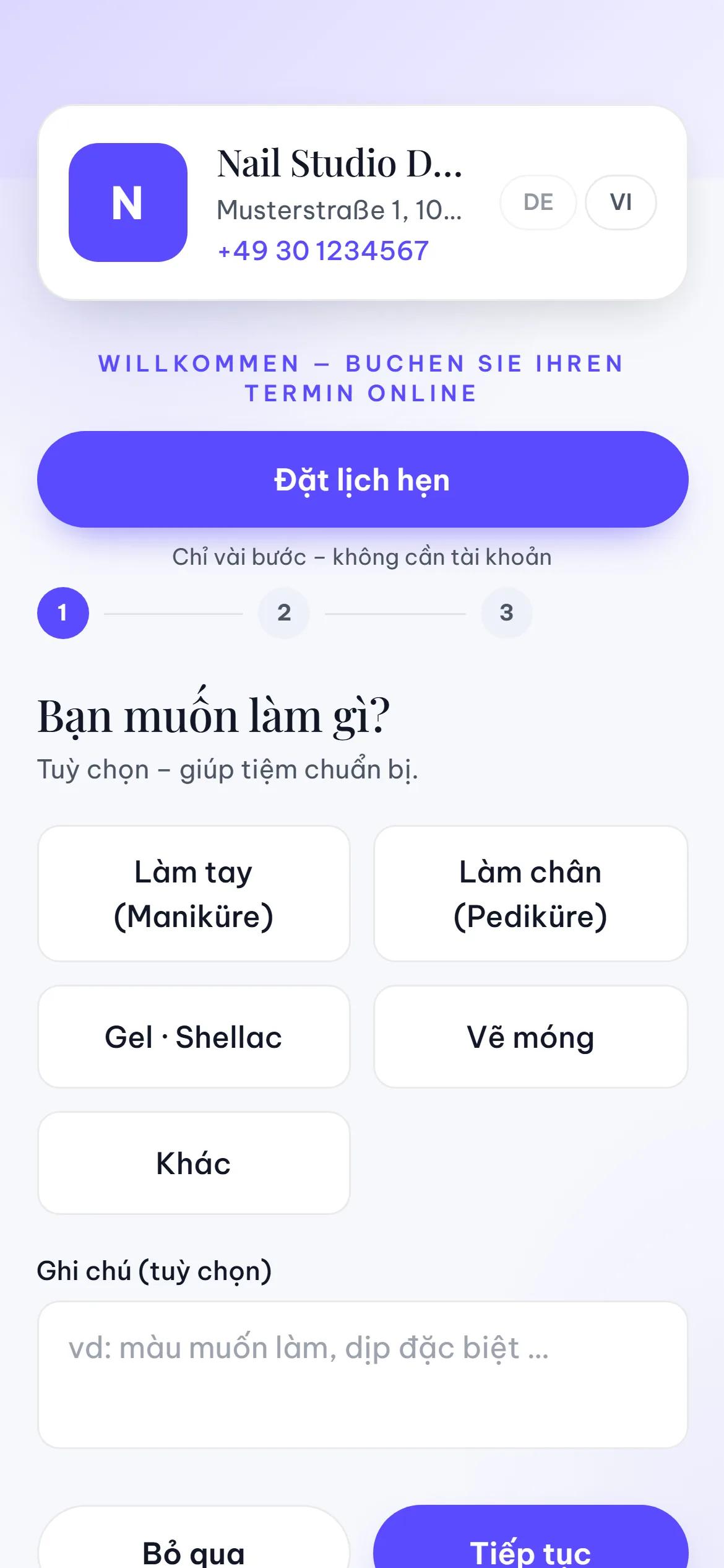 Trang đặt lịch online của tiệm trên điện thoại