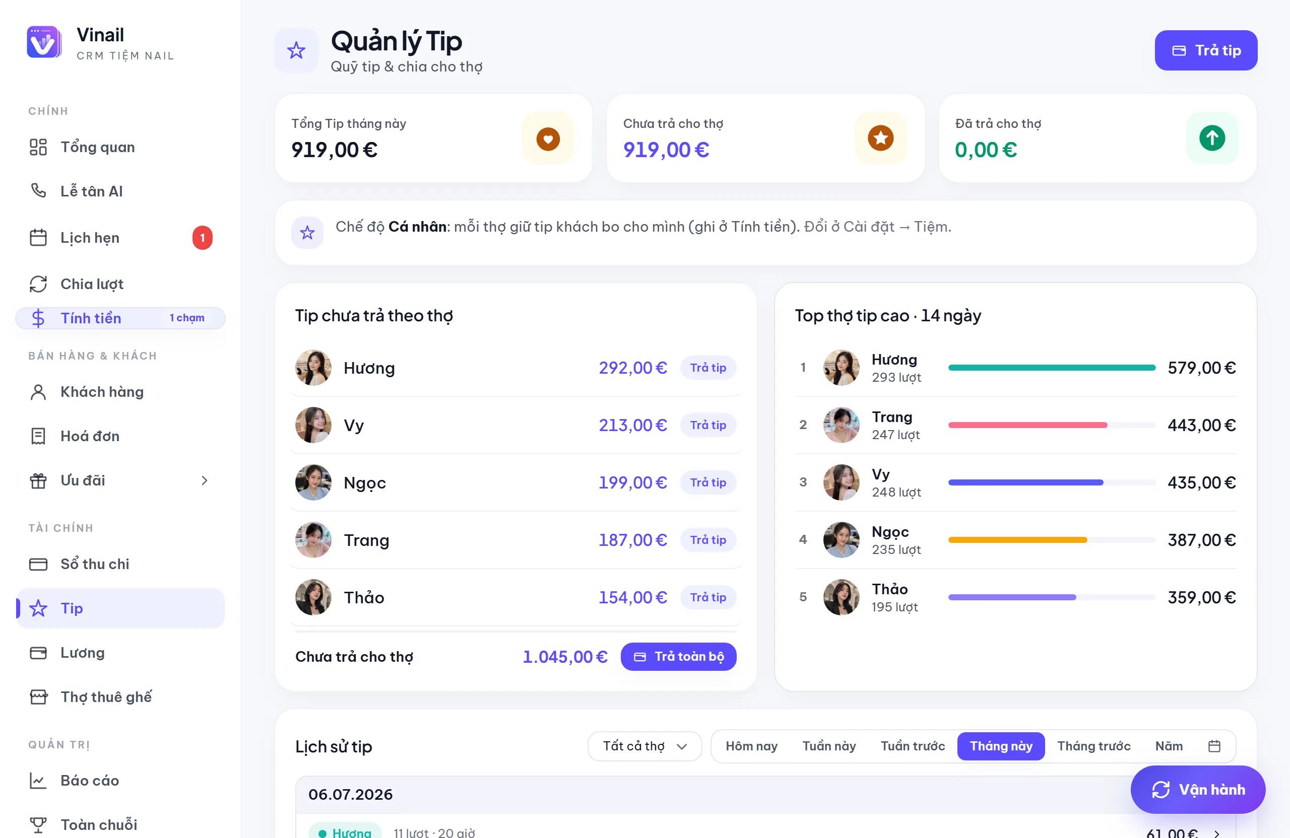 Màn hình quản lý Tip: tổng tip, chưa trả và đã trả cho từng thợ